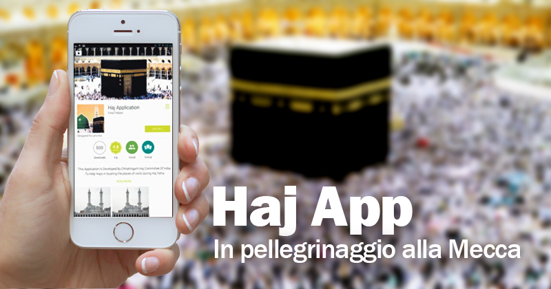 Sullo sfondo della Mecca una mano regge uno smartphone